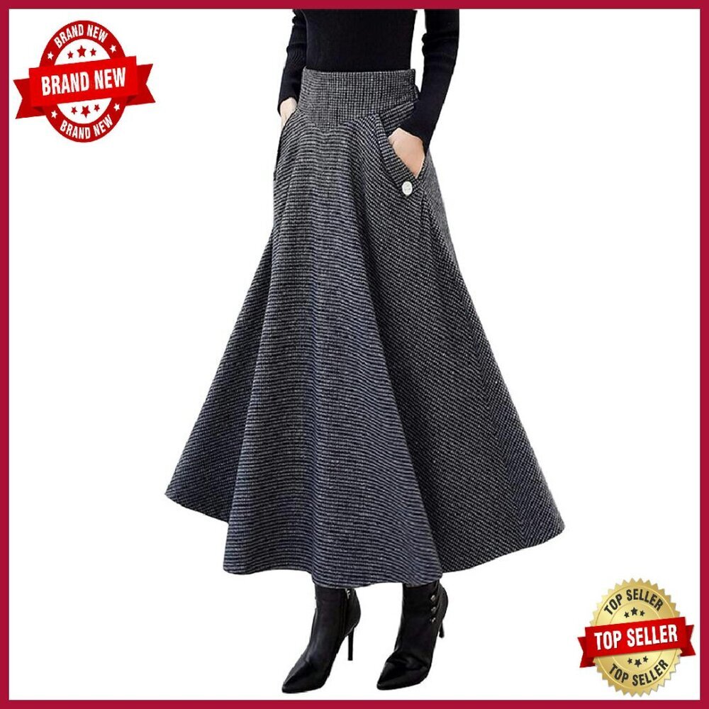 High Waisted Wool Plaid A-Line Maxi Skirt With Side Pocket